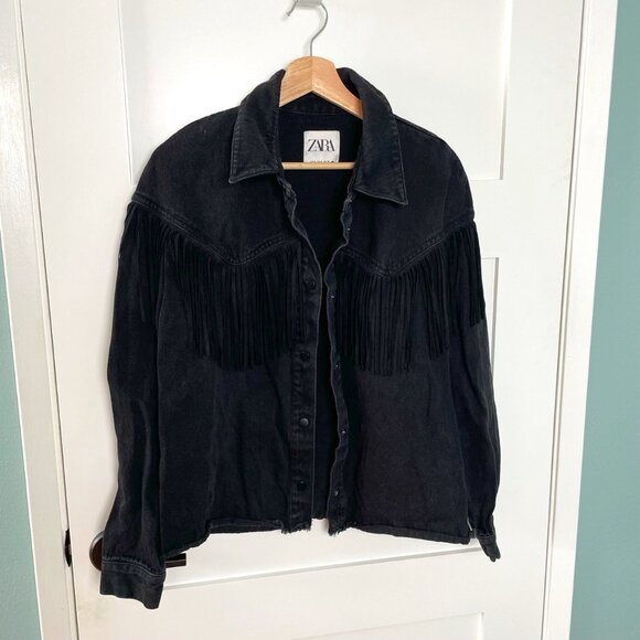 Zara Black Denim Western Jacket with Fringe - Picture 2 of 8
